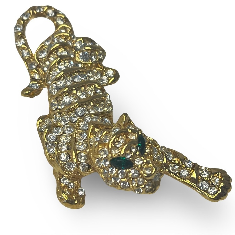 Gold Crystal Tiger Brooch Emerald Eyes Statement Brooch